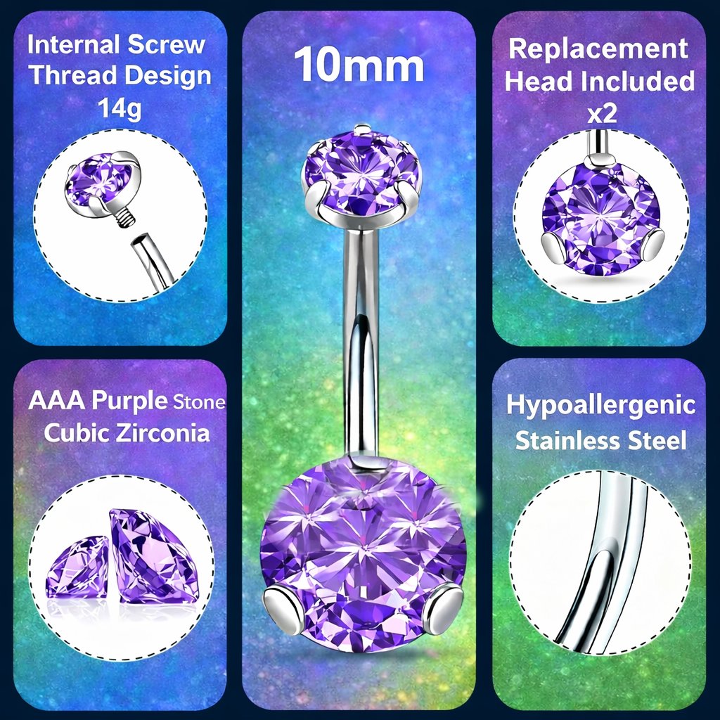 14g Stainless Belly Ring Internally Threaded Aaa Purple Cz Hypoallergenic 10mm